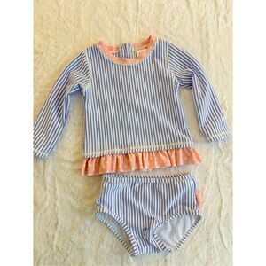 Ruffle Butts Girls Blue Stripe Rashguard Set with Pink Ruffle